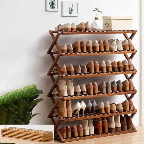 6 tier brown bamboo shoe rack/multifunctional organizer, foldable bamboo shoe rack, black, multi layer, multi functional, space saving, easy assembly, versatile use, multicolor
