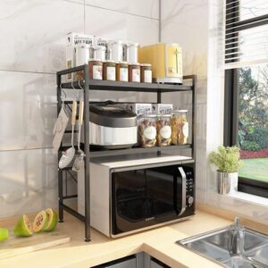 hot sale microwave oven rack, adjustable 40 63cm heavy duty shelf for kitchen counter top organizer for home office carbon steel matte black, multicolor