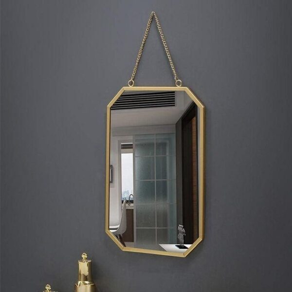 wall mounted vanity mirrors, bathroom mirrors decoration, hexagonal with chain and hook with gold frame, home decoration, bathroom mirror, bedroom mirror, living room and office