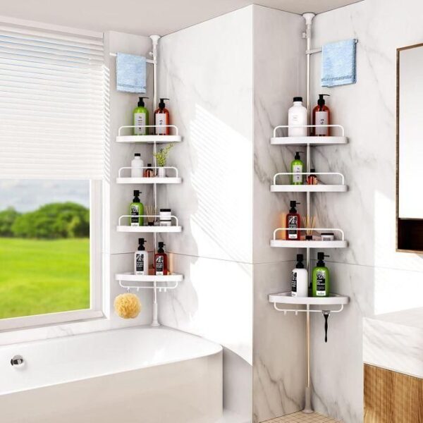 hot sale upgraded sturdy shower caddy tension pole corner shower caddy bathroom organizer 18/8 stainless steel rustproof 4 tier adjustable shelves for bathtub shampoo accessories storage rack, multicolor