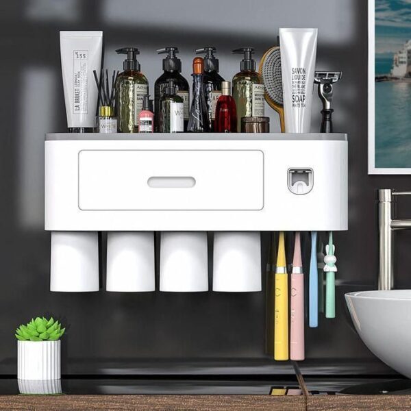 hot sale toothpaste dispenser adsorption inverted toothbrush holder double automatic toothpaste squeezer dispenser storage rack bathroom rack