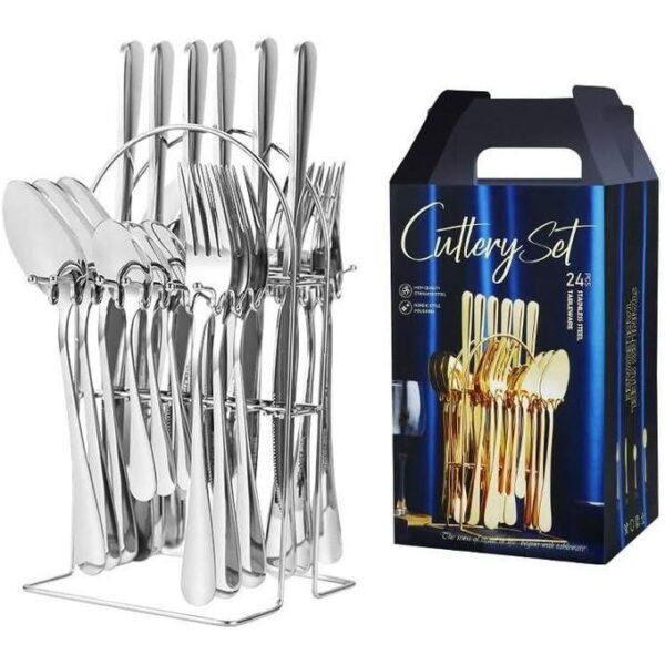 hot sale 24 pieces stainless steel flatware set with stand, cutlery set mirror polished, service for 6, include knife/fork/spoon/teaspoon, multicolor