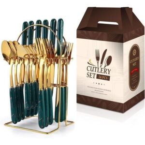 hot sale 24 pieces gilded stainless steel flatware set,kitchen utensil tableware cutlery set service for 6, steak cutlery set for home and restaurant, multicolor