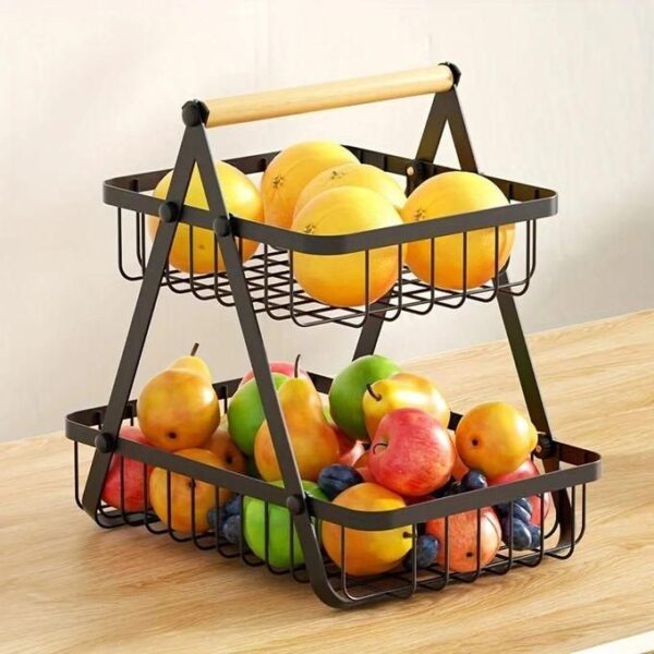 nordic fruit rack, upgraded large 2 tier fruit basket for kitchen countertop organizer, portable metal wire fruit bowl vegetable storage basket tiered fruit stand holder with wooden handle, multicolor