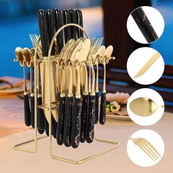 hot sale 24 pieces gilded stainless steel flatware set,kitchen utensil tableware cutlery set service for 6, steak cutlery set for home and restaurant, multicolor