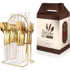 hot sale 24 pieces gilded stainless steel flatware set,kitchen utensil tableware cutlery set service for 6, steak cutlery set for home and restaurant, multicolor
