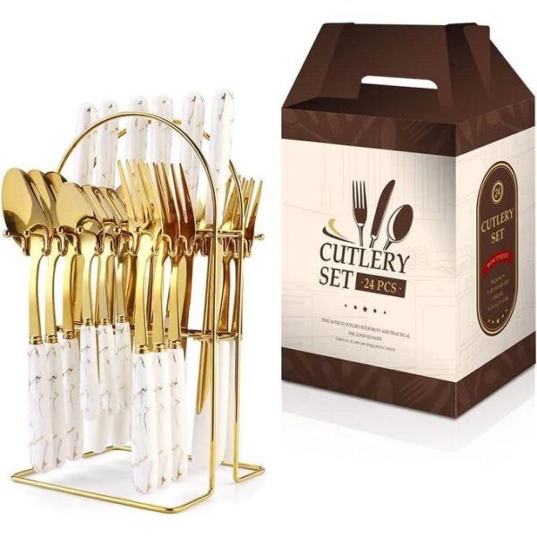 hot sale 24 pieces gilded stainless steel flatware set,kitchen utensil tableware cutlery set service for 6, steak cutlery set for home and restaurant, multicolor