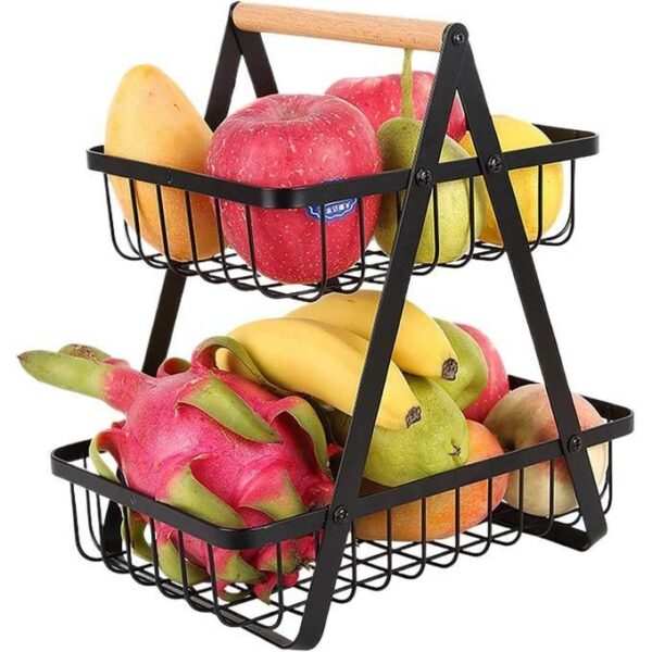 nordic fruit rack, upgraded large 2 tier fruit basket for kitchen countertop organizer, portable metal wire fruit bowl vegetable storage basket tiered fruit stand holder with wooden handle, multicolor