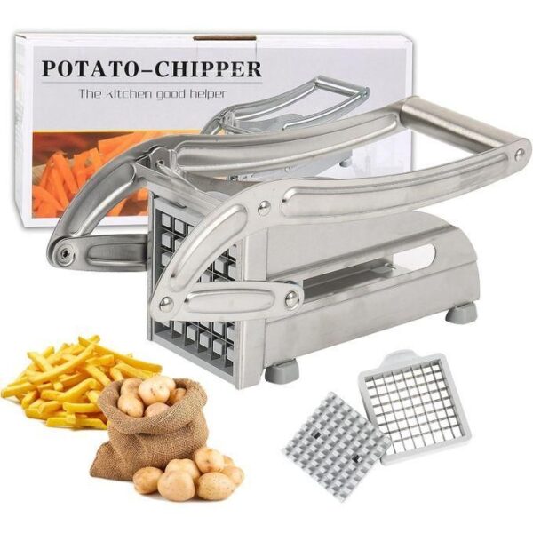 hot sale french fry cutter stainless steel potato chipper fast cutting potato chip cutter with 36/46 holes blades manual food slicer dicer multifunction vegetable fruit chipper for potato onion with interchangeable blades, pack of 1