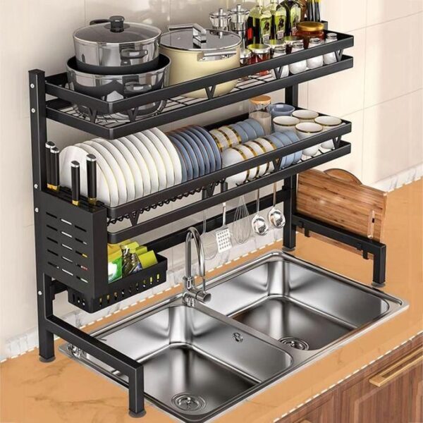 hot sale over the sink extendable dish drying rack,3 tier full 304 stainless steel dish drainer rack, adjustable length (45cm 85cm) kitchen storage counter with cup hanging set and hooks (black 3tier)