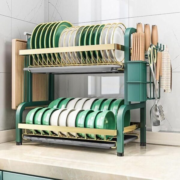 hot sale dish drying rack,2 tier stainless steel dish rack drainboard set, utensil holder, cutting board holder, dish drainer for kitchen counter, space saving, multicolor