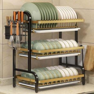 hot sale metal 3 tier large capacity dish rack with utensil holder, cutting board holder, drain board tray for kitchen counter storage, multicolor