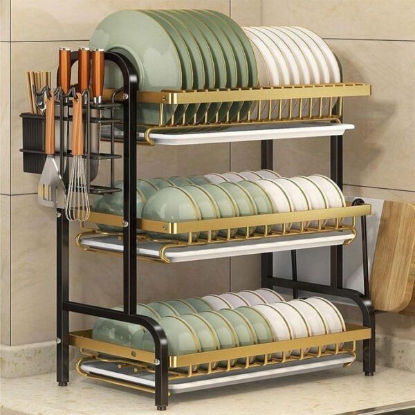 hot sale metal 3 tier large capacity dish rack with utensil holder, cutting board holder, drain board tray for kitchen counter storage, multicolor
