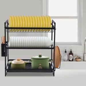 hot selling 3 tier dish drying rack, carbon steel dish drying shelves with draining board and cutlery/chopping board holder over sink, large rust proof dish drainer, multicolor