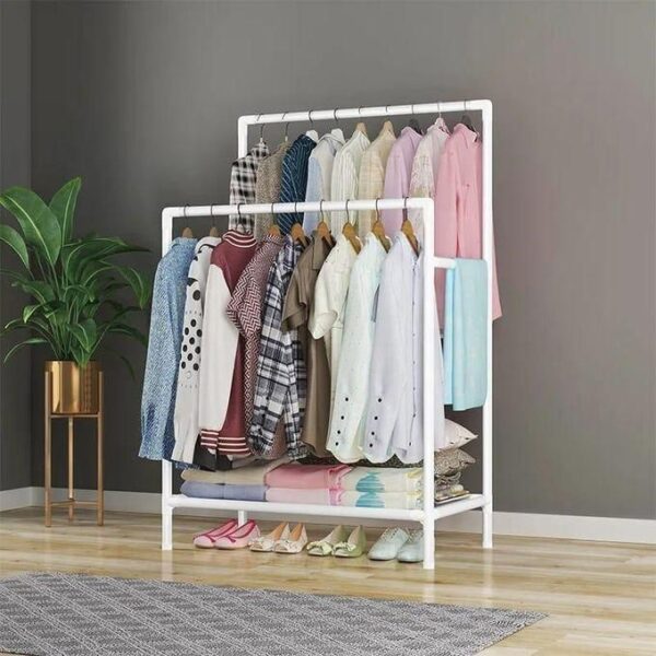 hot sale double rod clothes rack with bottom shelf, metal garment rack for hanging clothes, dimensions (l*w *h) 146 x 43 x 80cm, multicolor