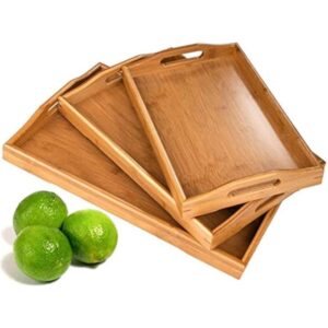 hot sale 3 pack bamboo serving tray food tray with handles, multi use platter trays set for food, coffee, breakfast, tea, snack, wooden decor tray used in kitchen, dining room, party, restaurants