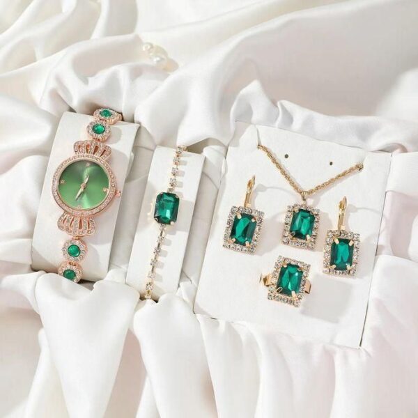 hot sale shining ladies watches gifts set with diamond decorated bracelet necklace ring earrings luxury fashion jewelry green jade quartz wrist women watch rose gold 5pcs/set