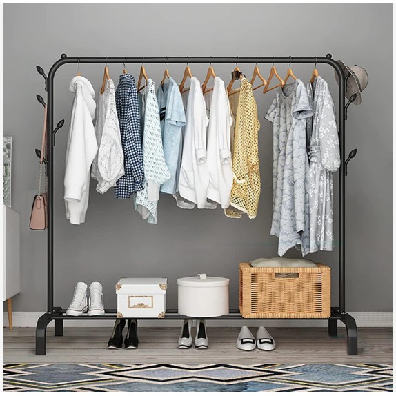 hot sale heavy duty metal clothes rack with hanging rail and bottom storage shelf, freestanding hook, for bedroom entryway, attic basement, size (l*w *h) 110 x 40 x 150cm, multicolor