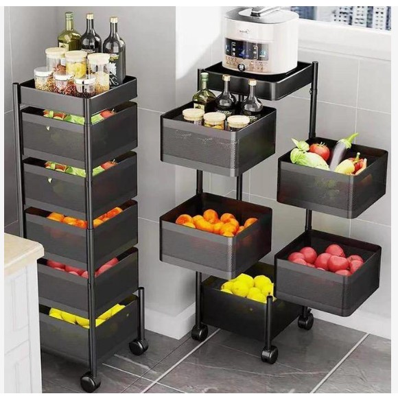 hot sale square fruit basket stand with 5 tiers, fruit and vegetable storage trolley metal carbon steel fruit vegetable rack with wheels, pack of 1, multicolor