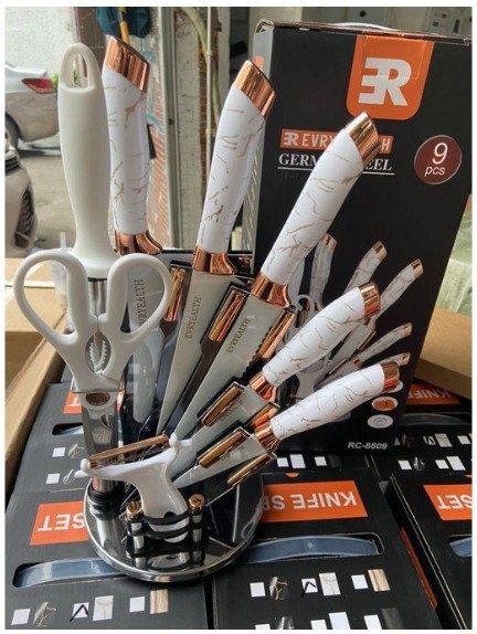 hot sale stainless steel electroplating knife block kitchen set rotating block kitchen gift knife set 9pcs kitchen knife set, multicolor
