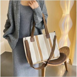 colorful vintage striped canvas tote bag for women laptop bag trendy durable with shoulder strap shoulder bag canvas bag for travel shopping beach business, multicolor