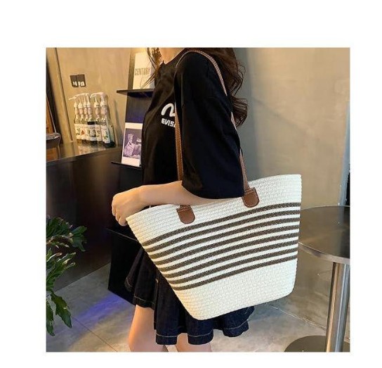 vintage papyrus straw woven beach bag/women's summer straw beach bag braided handbag, brown/black, large, beach shoulder bag, straw bag, basket bags for travel, holiday, work, outdoor, shopper, multicolor