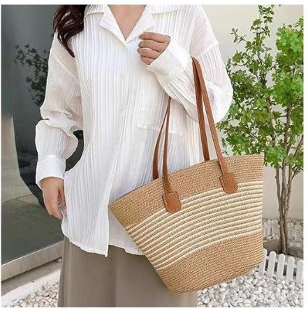 vintage papyrus straw woven beach bag/women's summer straw beach bag braided handbag, brown/black, large, beach shoulder bag, straw bag, basket bags for travel, holiday, work, outdoor, shopper, multicolor