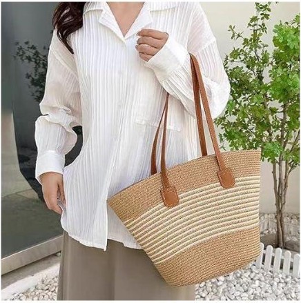 vintage papyrus straw woven beach bag/women's summer straw beach bag braided handbag, brown/black, large, beach shoulder bag, straw bag, basket bags for travel, holiday, work, outdoor, shopper, multicolor