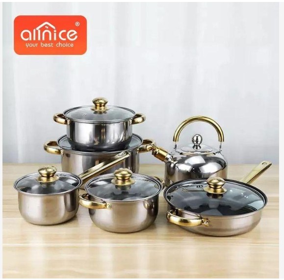 hot selling golden handle 12pcs non stick cookware set stainless steel quality kitchenware cookware set