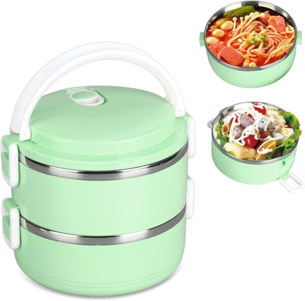 hot sale 2 layer thermal insulated stackable lunch box, insulated bento box, stackable lunch box, thermal lunch box stackable hot food insulated box 304 stainless steel round lunchbox sealed food containers, multicolor
