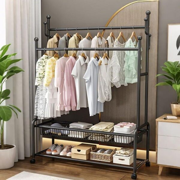 hot sale 4 in 1 heavy duty metal coat rack with double bar and 2 tier shoe storage, 100kg capacity, size: 120cm x 45cm x 172cm (length x width x height) ideal for bedroom and living room, multicolor