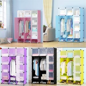 hot sale hard semi permanent pp wardrobes with inbuilt shoe rack, diy furniture 12 cube multipurpose magnetic door waterproof wardrobe metallic wire organizer, book shelf, storage cabinet, multicolor