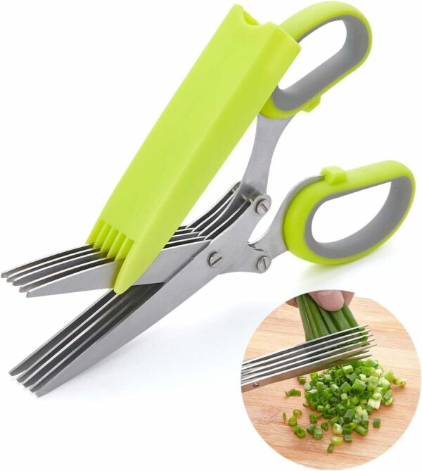hot sale multifunctional herb scissors with 5 multi stainless steel blades, kitchen gadgets with safety cover, sharp kitchen shear/chopping/cutter/mincer, dishwasher safe, culinary, multicolor