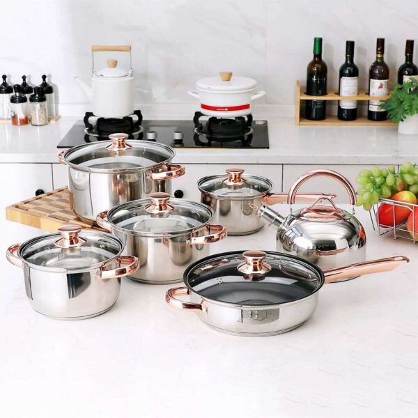 hot selling golden handle 12pcs non stick cookware set stainless steel quality kitchenware cookware set