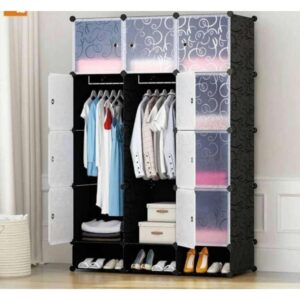 hot sale hard semi permanent pp wardrobes with inbuilt shoe rack, diy furniture 12 cube multipurpose magnetic door waterproof wardrobe metallic wire organizer, book shelf, storage cabinet, multicolor