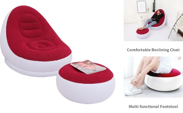 portable inflatable lounge chair with ottoman blow up chaise lounge air lazy sofa set flocked couch portable inflatable seats for lounge inflatable deck chair for indoor & outdoor with free pump, multicolor
