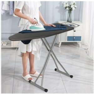 hot sale wide top ironing board, 4 legs, steel top ironing board with fixed iron rest, fiber pad, scorch and stain resistant, silver frame and silicone coated cotton cover, multicolor