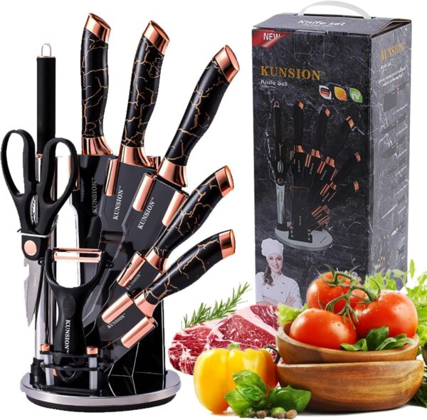 hot sale stainless steel electroplating knife block kitchen set rotating block kitchen gift knife set 9pcs kitchen knife set, multicolor