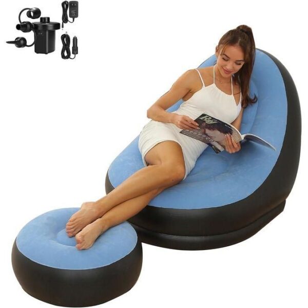 inflatable seat, with foot rest and a manual pump assorted colours: *navy blue, red, grey, black, green, pink light blue, portable inflatable lounge chair with ottoman blow up chaise lounge air lazy sofa set flocked couch portable inflatable seats for lounge inflatable deck chair for indoor & outdoor with free pump, multicolor