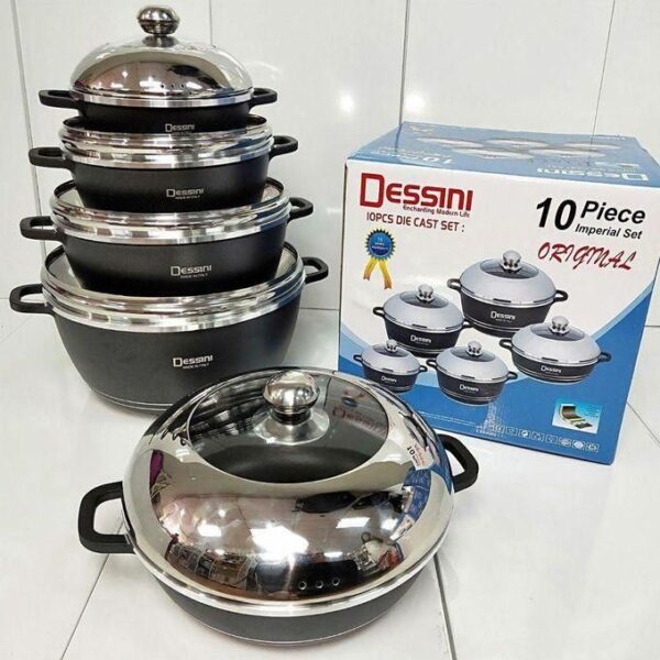 dessini dessini 10 piece non stick cookware set durable aluminium, black/silver, includes casseroles & fry pans