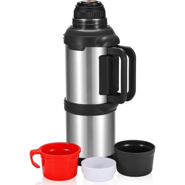 thermos flask, 4 liters, insulated flask, stainless steel drinking bottle, insulated bottle with 3 drinking cups, double wall insulation, camping water bottle with handle, 48 hours hot and cold