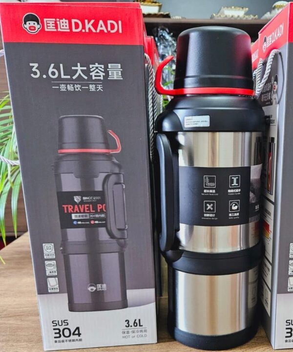 thermos flask, 3.6 liters, insulated flask, stainless steel drinking bottle, insulated bottle with 3 drinking cups, double wall insulation, camping water bottle with handle, 48 hours hot and cold