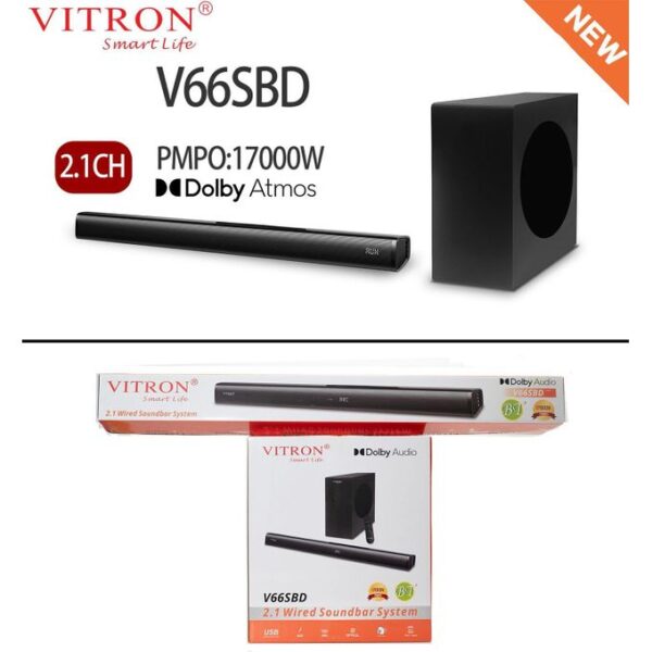 vitron v66sbd 17000w 2.1 channel wired soundbar system with powerful subwoofer, bluetooth connectivity, hdmi arc & deep bass home theatre audio system – black