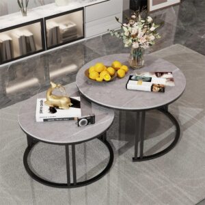 marble coffee table set, pure marble nesting tables modern round nesting table set of 2 coffee tables for living room, console table set with anti rust sturdy metal frame for bedroom living room home office, multicolour