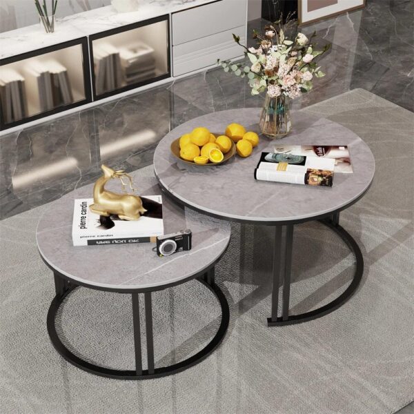 marble coffee table set, pure marble nesting tables modern round nesting table set of 2 coffee tables for living room, console table set with anti rust sturdy metal frame for bedroom living room home office, multicolour