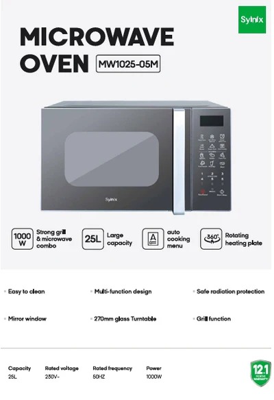 syinix mw1025 05m 25l microwave oven with grill