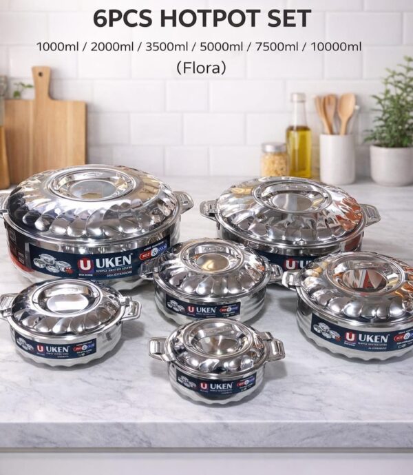6 stainless steel hotpots set, thermal insulated serving pots, durable food warmers 1000ml 2000ml 3500ml 5000ml 7500ml 10000ml for home kitchen catering food storage