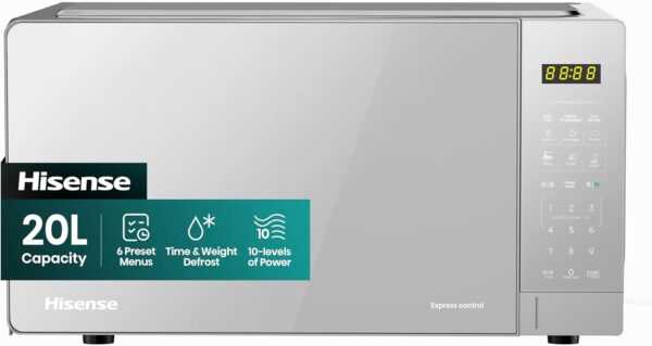 hisense h20moms15 digital 20l grill microwave oven (silver): 6 preset menus, time & weight defrost, 10 levels of power