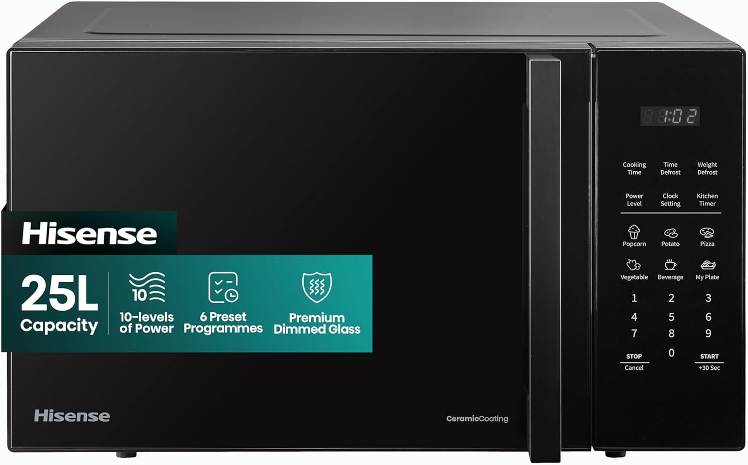 hisense h25mobs7huk 25 litre electronic microwave with auto defrost, digital display, smart cook, multi level cooking and easy clean black: 10 levels of power, 6 preset programmes, premium dimmed glass