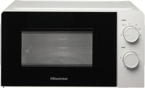 hisense microwave 20l white colour with mechanical knob control, hisense h20mows1 microwave with mechanical control, capacity 20 l, power 700 watt on 6 levels, white